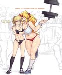  2girls black_bra black_panties black_socks blonde_hair blush bra bracelet breasts cleavage curvy earrings embarrassed english_text green_eyes hand_cuffs happy horn hoshiguma_yuugi large_ass large_breasts long_hair long_socks medium_breasts mizuhashi_parsee multiple_boys multiple_girls navel open_mouth panties pointy_ears ponytail shirt short_hair smile sneakers stomach thick_thighs touhou white_background white_socks wide_hips 