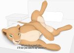 absurd_res bed bedroom_eyes blush body_blush dialogue disney drahgun felid feline female feral furniture genitals hi_res lion looking_at_viewer mammal nala_(the_lion_king) narrowed_eyes on_bed pantherine presenting presenting_pussy pussy pussy_blush seductive solo spread_legs spreading talking_to_viewer the_lion_king