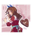  1girl absurdres animal_ears apron blush bow brown_hair cabinet candy chocolate ear_covers food from_behind green_apron green_bow heart heart-shaped_chocolate highres holding horse_ears horse_girl horse_tail jacket king_halo_(umamusume) long_hair long_sleeves looking_at_viewer mitsurugi_sugar open_mouth pants red_eyes red_jacket red_track_suit school_uniform solo tail tracen_training_uniform track_jacket track_pants translation_request umamusume 