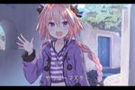  :d astolfo_(fate) black_bow blush bow braid fang fate/apocrypha fate_(series) hair_bow highres jewelry kusumoto_touka letterboxed long_hair looking_at_viewer male_focus open_mouth otoko_no_ko outdoors pendant pink_hair purple_eyes salute shirt single_braid smile solo striped striped_shirt translated 