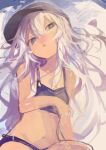  1girl absurdres bikini black_bikini black_hat blue_eyes breasts commentary_request grey_hair hair_between_eyes hat hibiki_(kancolle) highres kaamin_(mariarose753) kantai_collection long_hair multicolored_hair parted_lips small_breasts solo swimsuit very_long_hair white_hair 