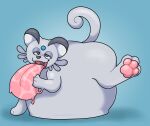 3_toes alolan_form alolan_persian big_tongue blue_background bodily_fluids digital_media_(artwork) feet fur generation_7_pokemon grey_body grey_fur hi_res hyper hyper_tongue immobile long_tongue nintendo open_mouth overweight pawpads pechaberry pokemon pokemon_(species) regional_form_(pokemon) saliva simple_background smile toes tongue
