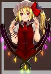  arm_belt ascot buttons claw_pose commentary_request flandre_scarlet haiiro_gundan hat hat_ribbon highres long_hair looking_at_viewer mob_cap nail_art nail_polish pointy_ears puffy_short_sleeves puffy_sleeves red_eyes red_nails red_neckwear red_ribbon red_skirt ribbon short_sleeves side_ponytail skirt skirt_set smile solo teeth touhou upper_body vest wing_collar wings 