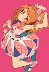  1girl aikatsu! aikatsu!_(series) arm_garter arm_up armpits bare_legs bow checkered_clothes checkered_dress dot_nose dress dress_bow from_above hair_bow hashtag_only_commentary highres idol long_hair looking_at_viewer looking_up one_side_up orange_hair ozora_akari pink_background pink_bow pink_dress red_bow red_eyes semham sleeveless sleeveless_dress smile standing wrist_cuffs 