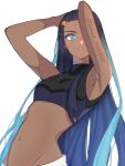  1girl armpits arms_up bare_arms black_hair black_shirt blue_eyeshadow commentary_request cropped_shirt dark-skinned_female dark_skin eyelashes eyeshadow green_eyes highres kana_(kanna_runa0620) long_hair makeup midriff navel_piercing nessa_(pokemon) parted_lips piercing pokemon pokemon_swsh shirt sidelocks solo twitter_username upper_body white_background 