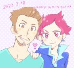  1boy 1girl blush brown_facial_hair brown_hair cyappy1022 duster_(mother) earrings facial_hair highres hood hoodie jewelry kumatora looking_at_viewer mother_(game) mother_3 mustache pink_eyes pink_hair short_hair smile 