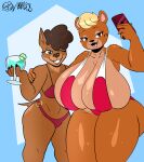 2024 absurd_res anthro bear beverage big_breasts bikini breasts canid canine canis carlos_jurado_cartoons cleavage clothed clothing domestic_dog duo electronics female hi_res huge_breasts mammal mostly_nude one_eye_closed phone swimwear thick_thighs wide_hips wink yena_(cjr_cartoons)