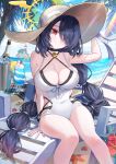  1girl absurdres beach black_choker black_hair blue_archive bottle breasts cafeiner chair choker cleavage covered_navel cross cross_earrings earrings food hair_over_one_eye hat highres hinata_(blue_archive) hinata_(swimsuit)_(blue_archive) ice_bucket ice_cream ice_cream_float jewelry large_breasts long_hair lounge_chair ocean one-piece_swimsuit red_eyes seashell shell signature sitting smile sun_hat swimsuit white_one-piece_swimsuit 