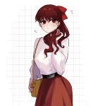  1girl 710_ao aran_sweater bag belt belt_buckle black_belt blush buckle cable_knit commentary flying_sweatdrops hair_ribbon handbag highres long_hair long_sleeves looking_at_viewer persona persona_5 persona_5_the_royal ponytail red_eyes red_hair red_ribbon red_skirt ribbon simple_background skirt solo sweatdrop sweater symbol-only_commentary white_background white_sweater yellow_bag yoshizawa_kasumi 
