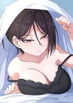  1girl arm_up bang_dream! bare_arms bare_shoulders bed_sheet black_bra black_hair blanket blue_background bra breast_press breasts brown_eyes cleavage closed_mouth collarbone commentary_request gradient_background hair_behind_ear hair_between_eyes half-closed_eyes hand_up highres kitayu large_breasts lifting_covers light_blush long_bangs looking_at_viewer lying on_stomach short_hair smile solo strap_slip under_covers underwear underwear_only upper_body yashio_rui 