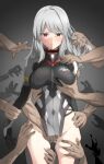  1girl alice_gear_aegis ass_visible_through_thighs black_gloves blue_eyes blush breasts character_request closed_mouth collar disembodied_limb expressionless fingering gloves grabbing grabbing_another&#039;s_breast grey_hair groping hand_in_another&#039;s_hair hand_on_another&#039;s_shoulder highres large_breasts long_hair pelvic_curtain pussy_juice red_collar simple_background solo_focus sweat unpasu veins 
