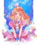  1girl aikatsu! aikatsu!_(series) bow braid character_name crown dated dot_nose dress dress_bow earrings gloves happy happy_birthday highres idol jewelry long_hair looking_at_viewer open_mouth orange_hair own_hands_together ozora_akari pink_dress pink_eyes short_sleeves sistpen sky smile solo standing star_(sky) starry_sky white_background 