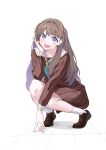  1girl absurdres brown_dress brown_footwear brown_hair collarbone commentary_request dress fujishima_megumi full_body green_neckerchief hasu_no_sora_school_uniform highres kneeling link!_like!_love_live! loafers long_hair long_sleeves looking_at_viewer love_live! neckerchief open_mouth purple_eyes repurika sailor_collar school_uniform shoes socks solo teeth upper_teeth_only v virtual_youtuber white_background white_sailor_collar white_socks winter_uniform 