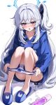  1girl absurdres after_masturbation blue_archive blue_footwear blue_hair blue_hoodie blush commentary_request dildo full_body highres hood hood_down hoodie implied_after_masturbation knees_up light_blue_hair long_hair long_sleeves looking_at_viewer miyako_(blue_archive) miyako_(young)_(blue_archive) nose_blush one_side_up open_mouth panties panties_around_ankles panty_pull puffy_long_sleeves puffy_sleeves purple_eyes sak_(lemondisk) sex_toy sexually_suggestive sitting slippers solo suggestive_fluid sweat underwear unworn_panties very_long_hair white_panties 