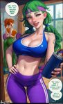  3girls aroma_sensei blue_sports_bra blush body_freckles bottle braid breasts breath brown_hair caroline_(stardew_valley) cleavage curvy doorway dripping english_commentary exercise eyelashes flying_sweatdrops freckles green_eyes green_hair hand_on_own_hip head_tilt highres holding holding_bottle indoors large_breasts lips looking_to_the_side messy_hair multiple_girls navel orange_hair outstretched_arm pants patreon_username ponytail pov_doorway signature sitting smile speech_bubble sports_bra sportswear standing stardew_valley steaming_body stomach sunlight sweat sweatband talking tank_top teeth twintails weightlifting wide_hips window wooden_floor workout_clothes yoga_mat yoga_pants 