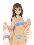  1girl bikini blue_bikini blue_eyes breasts brown_hair commentary_request highres holding holding_towel long_hair looking_at_viewer medium_breasts navel original samoto_mitsukuni simple_background smile solo swimsuit tan tanlines towel white_background 