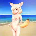  ancroid animal_ears blonde_hair blue_sky blush breasts brown_eyes cloud cowboy_shot day fennec_(kemono_friends) fox_ears fox_tail highres horizon kemono_friends light_smile looking_at_viewer navel nipples nude ocean outdoors shore sky solo tail 