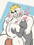 anthro big_dom_small_sub big_penis blonde_hair blush buckteeth butt dominant duo easter easter_bunny floppy_ears fur genitals hair heart_symbol hi_res holding_partner holidays hug human lagomorph larger_anthro larger_male leporid long_ears male male/male mammal maverickk_(artist) musclegut muscular muscular_anthro muscular_male nipples nude pecs penis rabbit size_difference smaller_human smaller_male teeth tusks white_body white_fur