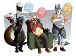 2021 absurd_res anthro belly_overhang bloated blue_eyes brown_body brown_eyes brown_fur button_pop cajinanderson cake canid canine chef_hat clothed clothing collared_shirt dessert dialogue dress_shirt eating english_text food fur grey_body grey_fur group hair hat headgear headwear hi_res holding_food holding_object looking_at_another male mammal multicolored_body multicolored_fur mustelid navel offering_food orange_eyes otter overweight overweight_anthro overweight_male red_clothing red_shirt red_topwear red_underwear shirt signature simple_background speech_bubble tan_body tan_fur text topwear trio underwear unknown_species wardrobe_malfunction white_body white_fur white_hair yellow_clothing yellow_shirt yellow_topwear