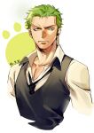  1boy alternate_costume black_necktie closed_mouth commentary dated earrings english_commentary green_hair jewelry male_focus necktie one_piece roronoa_zoro shirt short_hair single_earring solo tobu_(bilibil) white_shirt yellow_eyes 