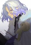  1boy abel_walker black_shirt coat collared_shirt fur-trimmed_coat fur_trim grey_hair grey_necktie highres looking_at_another mashle mm39572 multicolored_hair necktie parted_lips puppet purple_eyes shirt short_hair solo two-tone_hair wand white_background 