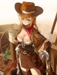  1girl absurdres bandana bandana_around_neck bandolier blonde_hair blue_eyes braid breasts brown_gloves brown_skirt bubba_(watson_amelia) capelet cleavage cowboy_hat cowgirl_(western) frilled_shirt frills gloves hat highres hololive kaze_22 large_breasts long_hair long_sleeves looking_at_viewer mole mole_on_breast official_alternate_costume red_bandana shirt skirt solo twin_braids twintails v-shaped_eyebrows virtual_youtuber wanted watson_amelia 