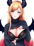  1girl absurdres black_bra black_horns black_sweater blonde_hair blush bra breast_tattoo breasts cleavage cleavage_cutout clothes_pull clothing_cutout commentary demon_girl demon_horns demon_wings english_commentary flashing gradient_hair green_eyes hair_ribbon hand_on_own_chest highres hololive horns lace lace_bra large_breasts long_hair long_sleeves looking_at_viewer multicolored_hair parted_lips pink_hair pink_nails pointy_ears ribbon sei_joshikou simple_background single_sidelock sleeves_past_wrists solo straight-on sweater sweater_pull swept_bangs tattoo tress_ribbon turtleneck turtleneck_sweater underwear upper_body virtual_youtuber white_background winged_heart wings yuzuki_choco 