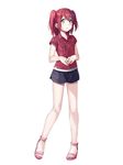  :o bangs bare_legs black_shorts blush breast_pocket buttons collared_shirt eyebrows_visible_through_hair full_body ginopi green_eyes highres kurosawa_ruby legs_apart looking_at_viewer love_live! love_live!_sunshine!! own_hands_together parted_lips pink_footwear pocket red_hair red_shirt sandals shirt short_shorts short_sleeves shorts simple_background solo standing toes two_side_up white_background wing_collar 