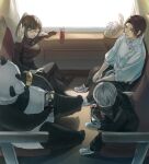  1girl 1other 2boys black_hair can drink_can forehead green_hair handheld_game_console highres holding holding_handheld_game_console inumaki_toge jujutsu_kaisen multiple_boys nintendo_switch okkotsu_yuuta panda panda_(jujutsu_kaisen) soda soda_can train_interior user_nzfe2845 white_hair yellow_eyes zen&#039;in_maki 