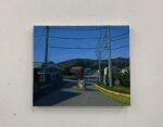  animal animal_focus blue_sky cat clear_sky closed_eyes closed_mouth day facing_viewer full_body highres house karin_hosono no_humans orange_cat original outdoors painting_(medium) photo_(medium) power_lines realistic road sky solo traditional_media utility_pole wide_shot 