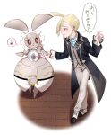  1boy black_coat blonde_hair brick_floor coat collared_shirt commentary_request earclip gladion_(pokemon) gladion_(sygna_suit)_(pokemon) hand_up highres holding_hands looking_down magearna male_focus mocacoffee_1001 musical_note necktie official_alternate_costume open_clothes open_coat pants pokemon pokemon_(creature) pokemon_masters_ex shirt shoes short_hair smile speech_bubble spoken_musical_note standing translation_request vest 