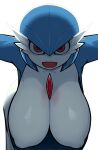 absurd_res big_breasts blue_body breasts female front_view gardevoir generation_3_pokemon ghozt hanging_breasts hi_res humanoid looking_at_viewer nintendo nipple_outline nipples open_mouth pokemon pokemon_(species) red_eyes simple_background solo white_background white_body white_nipples