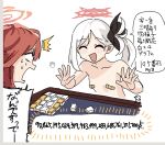  2girls ^^^ aru_(blue_archive) bandaid bandaids_on_nipples blank_eyes blue_archive blush_stickers closed_eyes guman_project halo hands_up long_hair mahjong mahjong_tile multiple_girls mutsuki_(blue_archive) open_mouth pasties red_hair red_halo side_ponytail speech_bubble translation_request white_background white_hair 