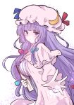  1girl blue_bow blush book bow breasts closed_mouth crescent crescent_hat_ornament dress frilled_dress frills giorgio_(yo_sumire_sola1) hair_bow hat hat_ornament highres holding holding_book large_breasts long_hair long_sleeves looking_at_viewer mob_cap patchouli_knowledge purple_dress purple_eyes purple_hair purple_hat red_bow solo striped_clothes striped_dress touhou vertical-striped_clothes vertical-striped_dress 