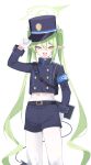  1girl absurdres belt black_belt black_hat black_jacket black_tail blue_archive blush buttons demon_tail double-breasted fang gloves green_hair green_halo hair_between_eyes halo hat highlander_twintails_conductor_(blue_archive) highres jacket kuyoumi long_hair long_sleeves looking_at_viewer navel open_mouth pantyhose peaked_cap pointy_ears simple_background skin_fang smile solo tail twintails white_background white_gloves white_pantyhose yellow_eyes 