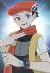  1boy :d beret black_hair commentary_request grey_eyes grey_vest hat highres kana_(kanna_runa0620) looking_at_viewer lower_teeth_only lucas_(pokemon) male_focus open_mouth pokemon pokemon_dppt poketch scarf shirt short_hair short_sleeves smile solo t-shirt teeth upper_body vest watch white_shirt wristwatch 
