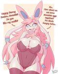 anthro big_breasts biped blue_sclera breasts cleavage clothed clothing dialogue eeveelution female generation_6_pokemon hair hi_res looking_at_viewer nintendo open_mouth open_smile pink_hair pokemon pokemon_(species) smile snackbunnii solo sylveon white_body white_eyes