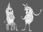 angry_birds anthro avian beak bird eyebrows female hi_res hitsuji monochrome notebook raised_eyebrow silver_(angry_birds) simple_background sitting sketch solo twintails_(hairstyle)