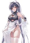  1girl absurdly_long_hair absurdres azur_lane bare_shoulders blush breasts china_dress chinese_clothes classic_(zildjian33) cleavage cleavage_cutout closed_mouth clothes_grab clothing_cutout commentary_request covered_navel cutout_above_navel detached_sleeves dress fanbox_reward gloves hair_ornament hand_on_own_hip highres large_breasts long_hair looking_at_viewer no_panties non-web_source paid_reward pelvic_curtain peter_strasser_(azur_lane) peter_strasser_(lustrous_jade_of_the_golden_house)_(azur_lane) pom_pom_(clothes) pom_pom_hair_ornament red_eyes simple_background smile solo thighhighs thighs twintails very_long_hair white_background white_gloves white_thighhighs wide_sleeves 