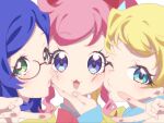  3girls :3 anchiki_shou aoba_rinka archived_source bad_id bad_twitter_id blonde_hair blue_eyes blue_hair blush glasses green_eyes hand_on_another&#039;s_chin highres kiratto_pri_chan long_hair looking_at_viewer moegi_emo momoyama_mirai multiple_girls o3o one_eye_closed open_mouth parted_lips pink_hair portrait pretty_series puffy_cheeks purple_eyes sidelocks smile v 