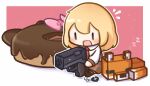  blonde_hair blush brown_skirt chibi chibi_only collared_shirt commentary doughnut english_commentary food gun handgun highres hololive hololive_english huge_weapon long_sleeves minecraft moon_ldl necktie open_mouth oversized_food oversized_object red_necktie shirt short_hair skirt smol_ame virtual_youtuber watson_amelia watson_amelia_(1st_costume) weapon |_| 