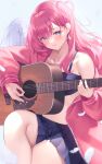  1girl acoustic_guitar angel_wings blue_bra blue_eyes blue_skirt blush bocchi_the_rock! bra closed_mouth crossed_legs earrings feather_earrings feathered_wings feathers friend0426 gotoh_hitori guitar halo heart_halo highres holding holding_instrument instrument jacket jewelry light_smile long_hair miniskirt off_shoulder pink_jacket pleated_skirt single_bare_shoulder sitting skirt solo thighs track_suit underwear white_wings wings 