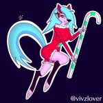 anthro blue_hair breasts canid canine christmas clothed clothing female hair hi_res holidays mammal pink_body red_clothing red_eyes smile solo vivzlover