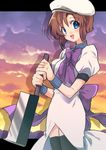  :d beret black_legwear blue_eyes bow brown_hair dress evening hat hatchet highres higurashi_no_naku_koro_ni holding holding_weapon multicolored multicolored_sky nose_hatchet open_mouth oriental_hatchet puffy_short_sleeves puffy_sleeves purple_bow ryuuguu_rena shinoko short_hair short_sleeves sky smile solo sunset thighhighs weapon white_beret white_dress wristband zettai_ryouiki 