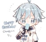  1boy ahoge bandaged_arm bandages black_gloves black_shirt blue_eyes blue_hair blush character_name chibi chongyun_(genshin_impact) colored_eyelashes commentary_request covered_mouth dated elbow_gloves fingerless_gloves food genshin_impact gloves hair_between_eyes happy_birthday holding holding_food holding_popsicle hood hood_down hoodie looking_at_viewer male_focus nekorune_(bukubuku_awai) notice_lines popsicle shirt short_hair short_sleeves simple_background solo sparkle upper_body white_background white_hoodie 