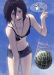  1girl bikini black_hair bleach bleach:_sennen_kessen-hen food fruit highres ihsekodwww kuchiki_rukia navel purple_eyes rabbit short_hair shorts sky smile solo swimsuit watermelon 