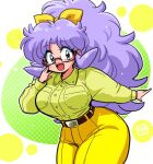  1990s_(style) 1girl abstract_background arm_behind_back belt big_hair bow breast_pocket breasts buttons collared_shirt cowboy_shot glasses green_shirt hair_bow hand_on_own_face high-waist_pants huge_breasts leaning_forward long_hair looking_at_viewer multicolored_eyes nevaeh_clark open_mouth pants pocket polka_dot purple_eyes purple_hair red-framed_eyewear retro_artstyle roba_takahiro semi-rimless_eyewear shirt shirt_tucked_in sidelocks susume!_ashitabara_gakuen thick_thighs thighs wavy_hair wide_hips yellow_bow yellow_eyes yellow_pants 