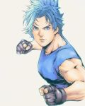  1boy andy_seto black_gloves blue_eyes blue_hair blue_shirt chinese_commentary clenched_hands commentary_request cropped_torso cyber_weapon_z english_commentary fighting_stance fingerless_gloves gloves highres male_focus marker_(medium) mixed-language_commentary muscular muscular_male park_iro pectorals shirt sleeveless sleeveless_shirt solo traditional_media v-shaped_eyebrows 