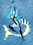 anthro black_body black_scales blue_body blue_eyes blue_hair blue_scales clothing dragon female fin fish hair hi_res hybrid icy-marth marine mythological_creature mythological_scalie mythology pinup pose scales scalie shark smile solo stripes swimwear