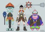  3boys alternate_color alternate_costume alternate_eye_color alternate_hair_color alternate_hair_length alternate_hairstyle alternate_universe big_nose black_hair blue_eyes bromojumbo crossover highres keyblade long_sleeves looking_at_viewer multiple_boys nickelodeon patrick_star red_eyes short_hair smile sora_(kingdom_hearts) spiked_hair spongebob_squarepants_(series) squid squidward_tentacles starfish toon_(style) 